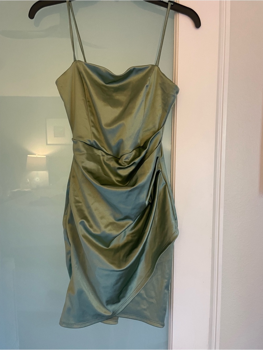 Windsor Sage Green Cowl Neck Lace Up Back Ruched Mini Dress S HOCO clubwear